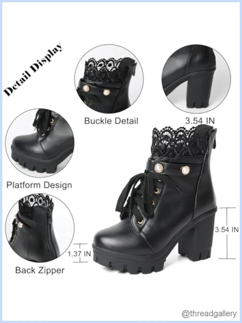 Black Chunky Heel Platform Ankle Booties with Lace and Buckle
